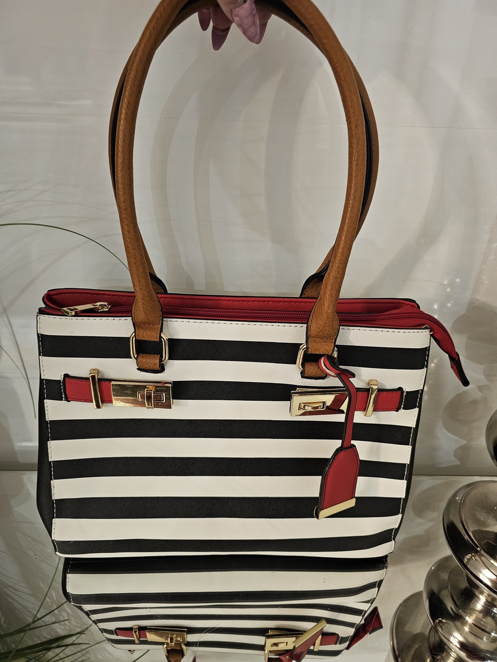 cleo Black & White Striped Tote with Red Trim and Tan Handles